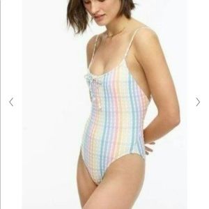 J. Crew Size 10 Bow Front Rainbow Seersucker Plaid One Piece Swimsuit NWT